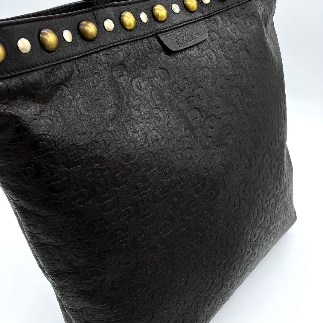 Gucci Tote Bag Horsebit Shape Push Studded Leather Dark Brown