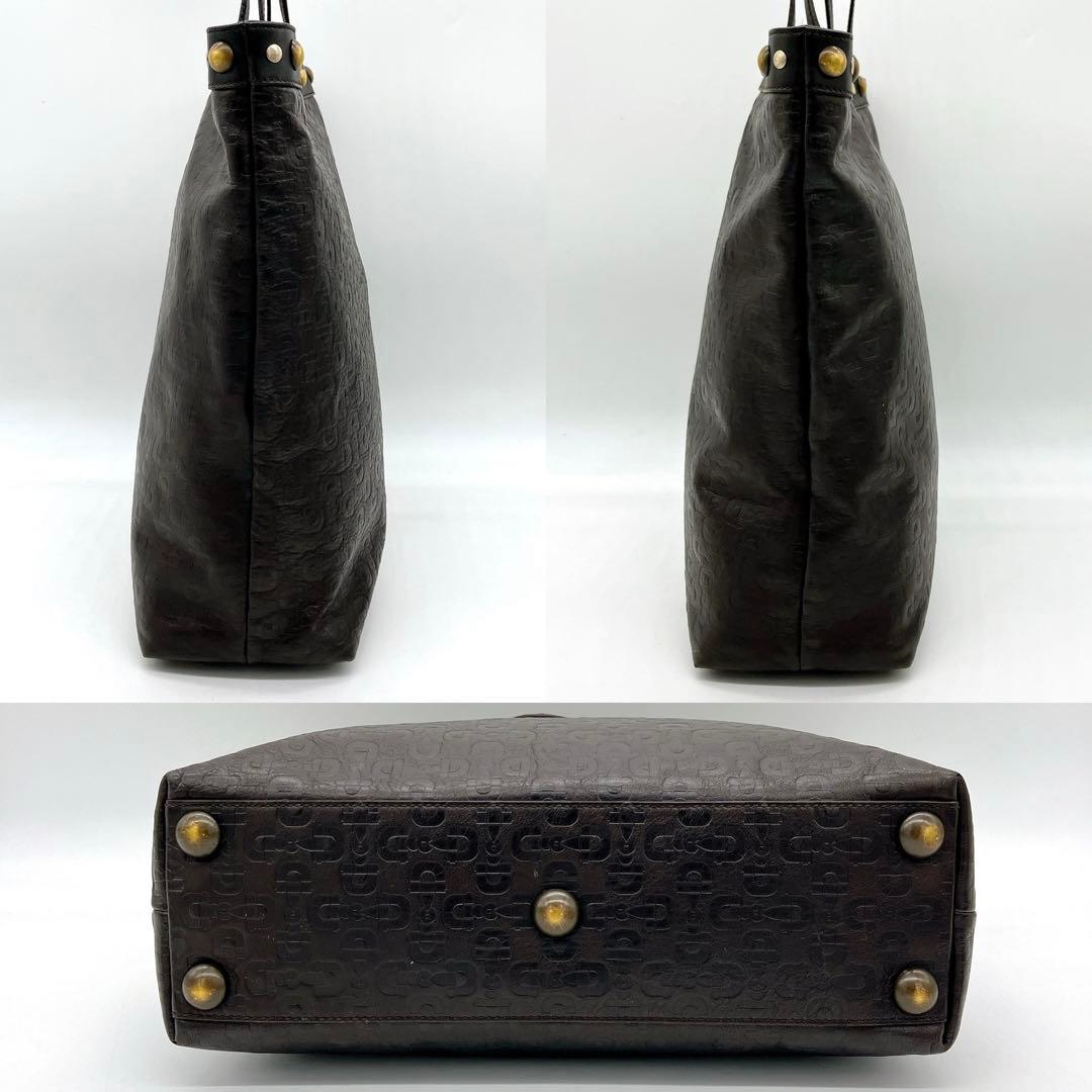 Gucci Tote Bag Horsebit Shape Push Studded Leather Dark Brown