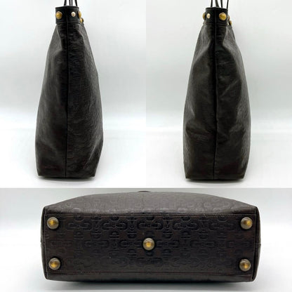 Gucci Tote Bag Horsebit Shape Push Studded Leather Dark Brown