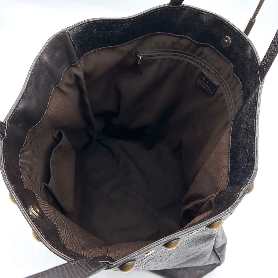 Gucci Tote Bag Horsebit Shape Push Studded Leather Dark Brown