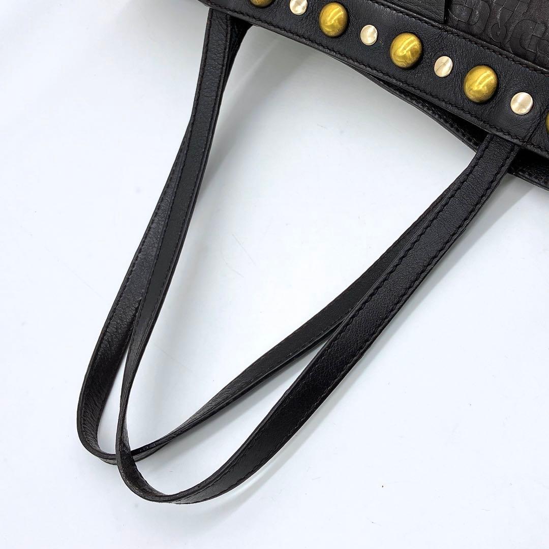 Gucci Tote Bag Horsebit Shape Push Studded Leather Dark Brown