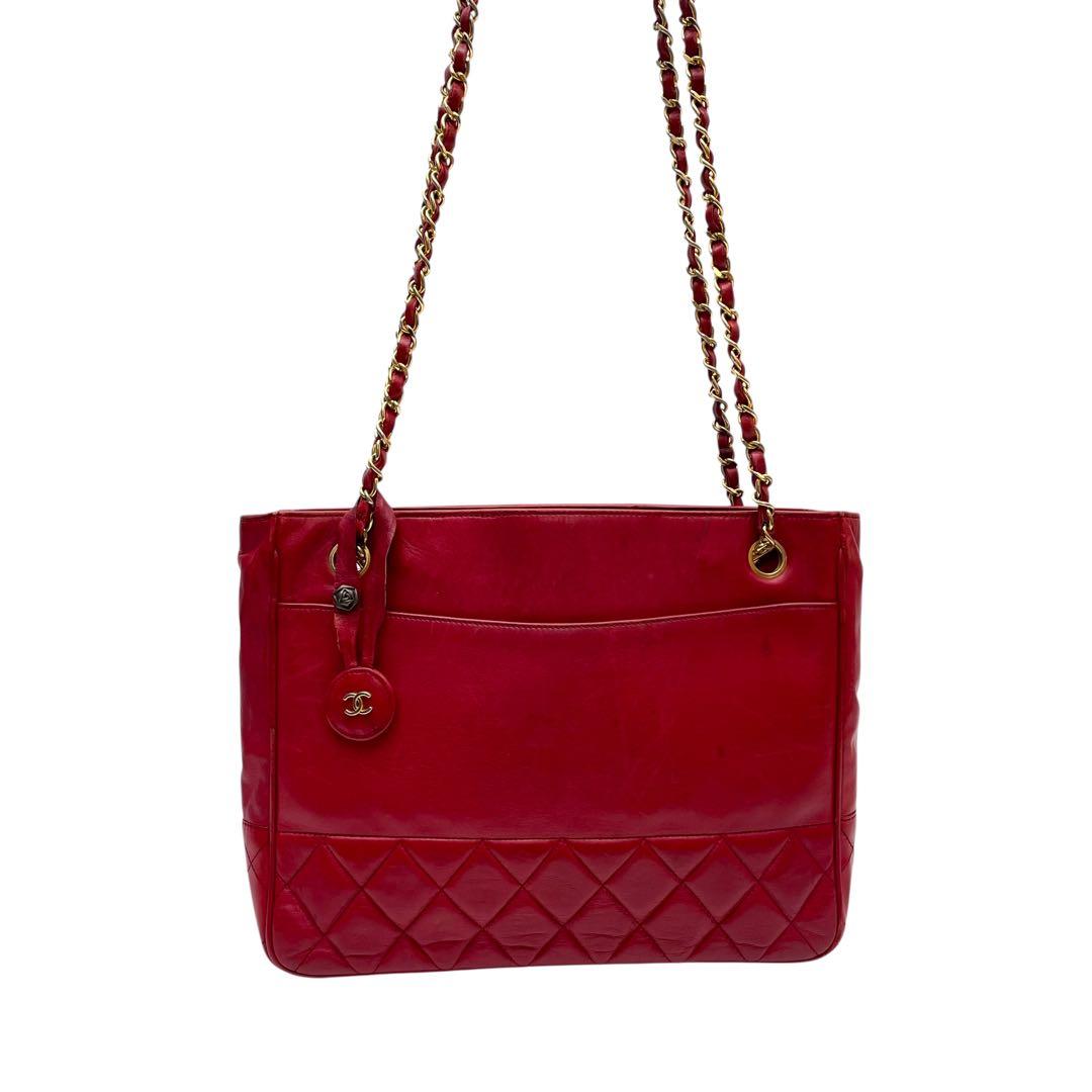 Chanel Quilted Lambskin Chain Shoulder Tote Red