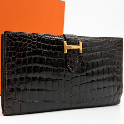 Hermes Bearn Classic Croco Brown Vintage Wallet