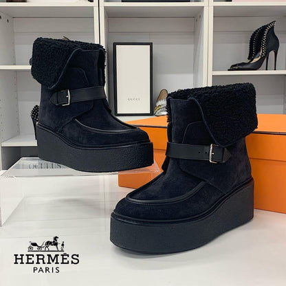 Hermes Emmisfer Suede Sheepskin Belt Short Boots