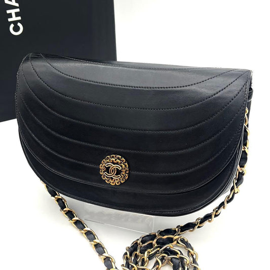 Chanel Chain Shoulder Lambskin Black CC Logo Half Moon