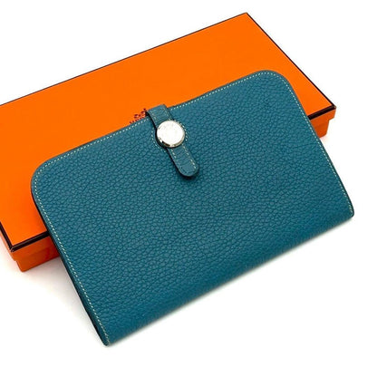 Hermes Dogon GM Togo Wallet Blue Silver Leather