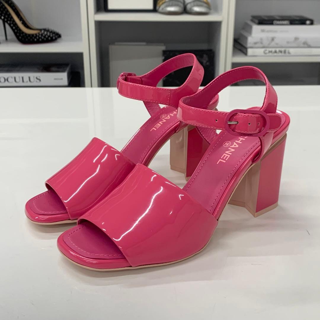 Chanel CC Logo Patent Strap Sandals Pink