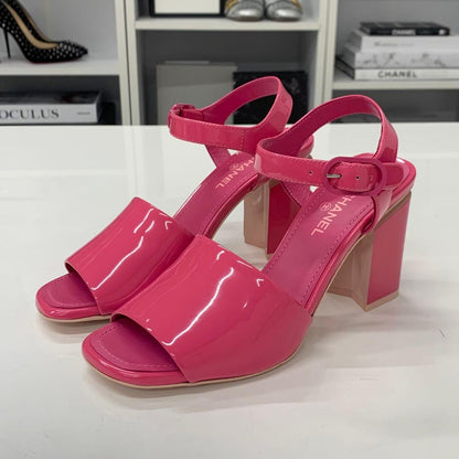 Chanel CC Logo Patent Strap Sandals Pink