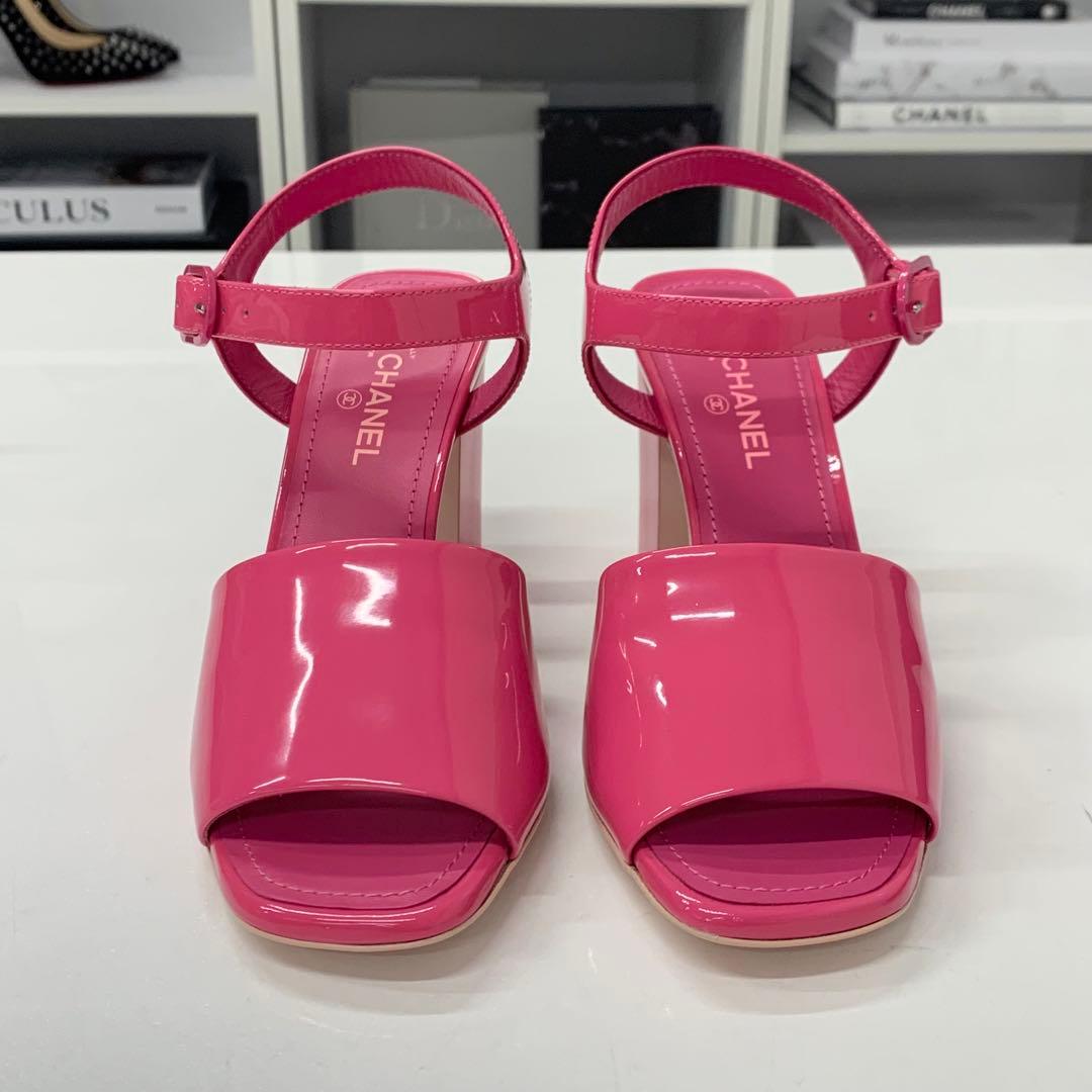Chanel CC Logo Patent Strap Sandals Pink