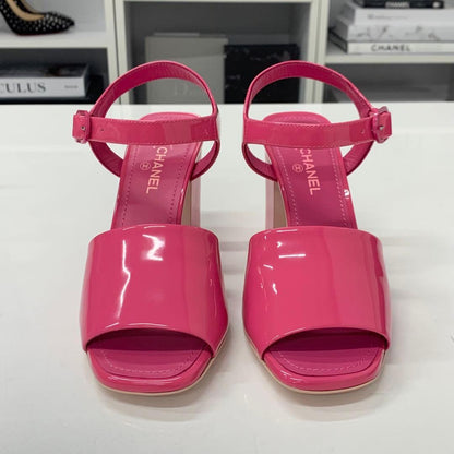 Chanel CC Logo Patent Strap Sandals Pink