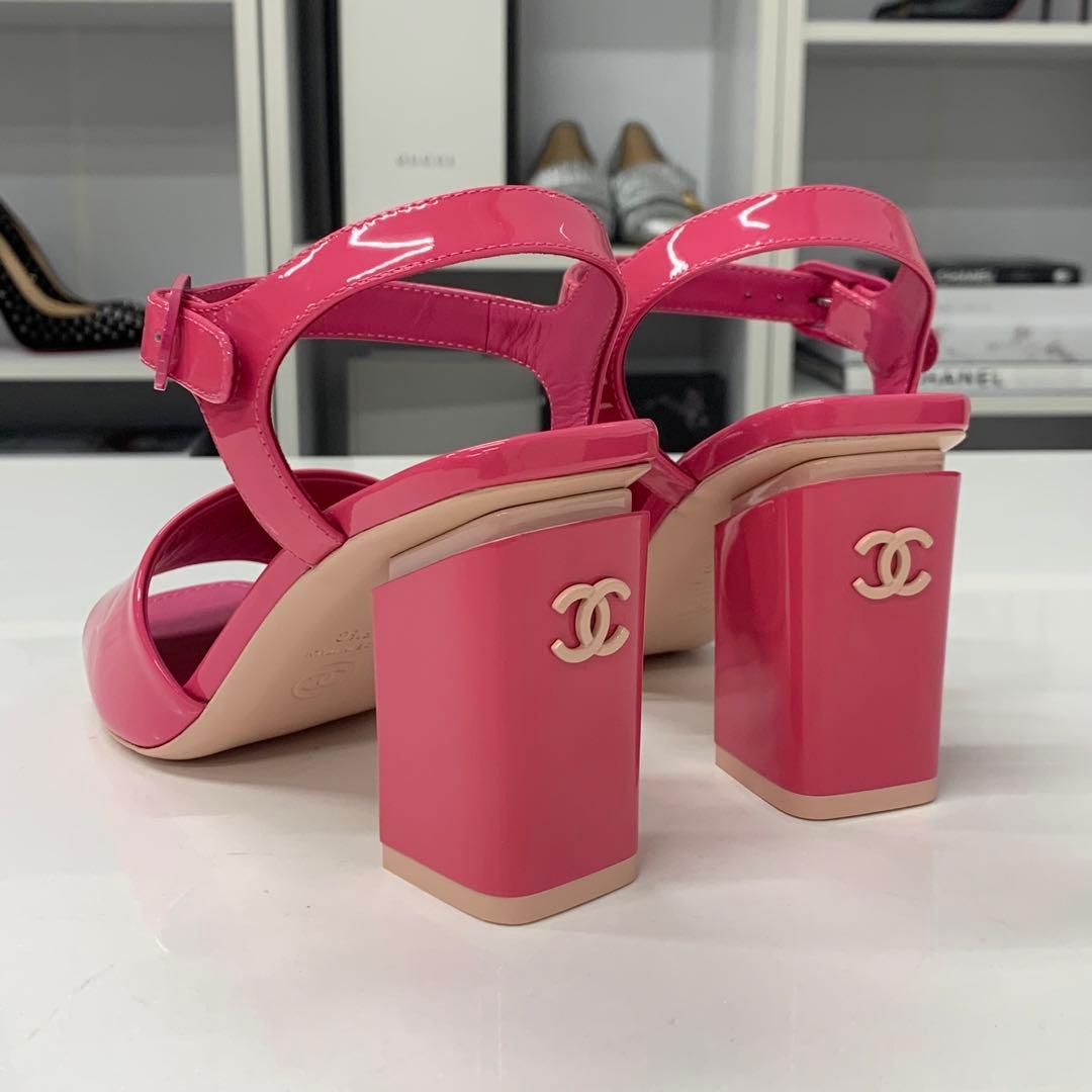 Chanel CC Logo Patent Strap Sandals Pink