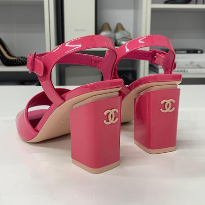 Chanel CC Logo Patent Strap Sandals Pink