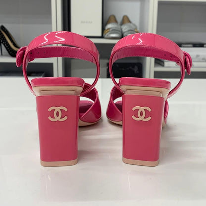 Chanel CC Logo Patent Strap Sandals Pink