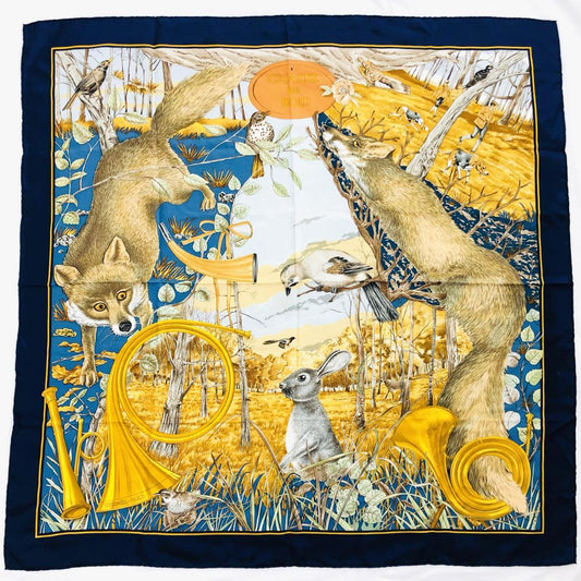 Hermes Carre 90 Forest Hunting Scarf Navy No Tags