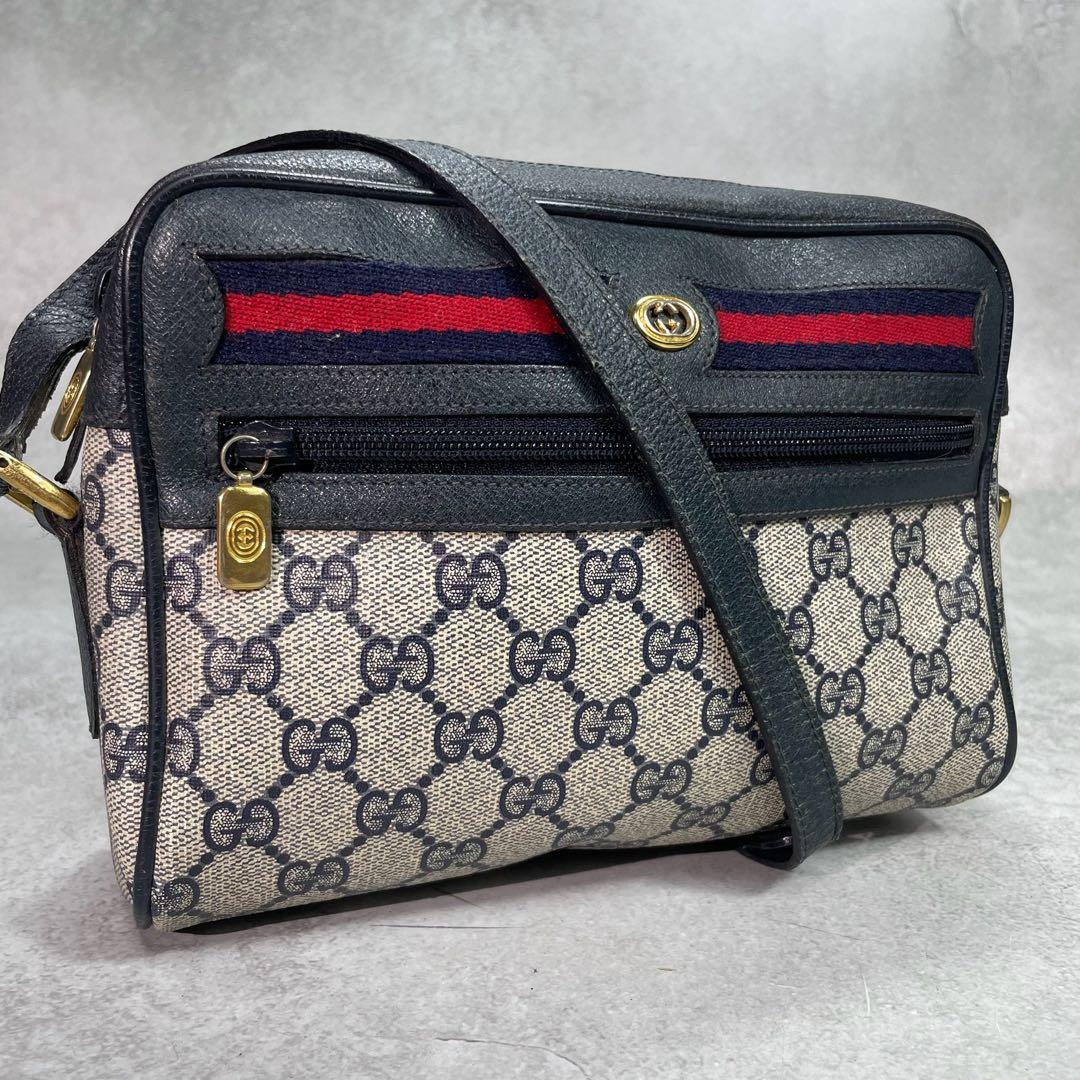 Gucci GG Sherry Line Shoulder Bag Navy Leather Logo