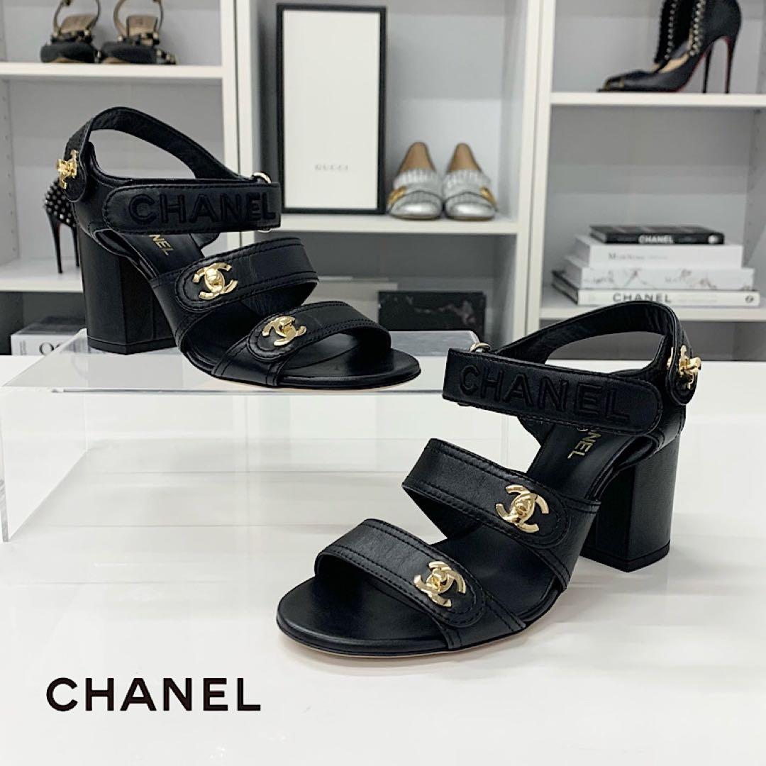 Chanel CC Logo Turnlock Velcro Strap Leather Sandals