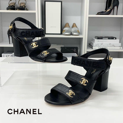 Chanel CC Logo Turnlock Velcro Strap Leather Sandals