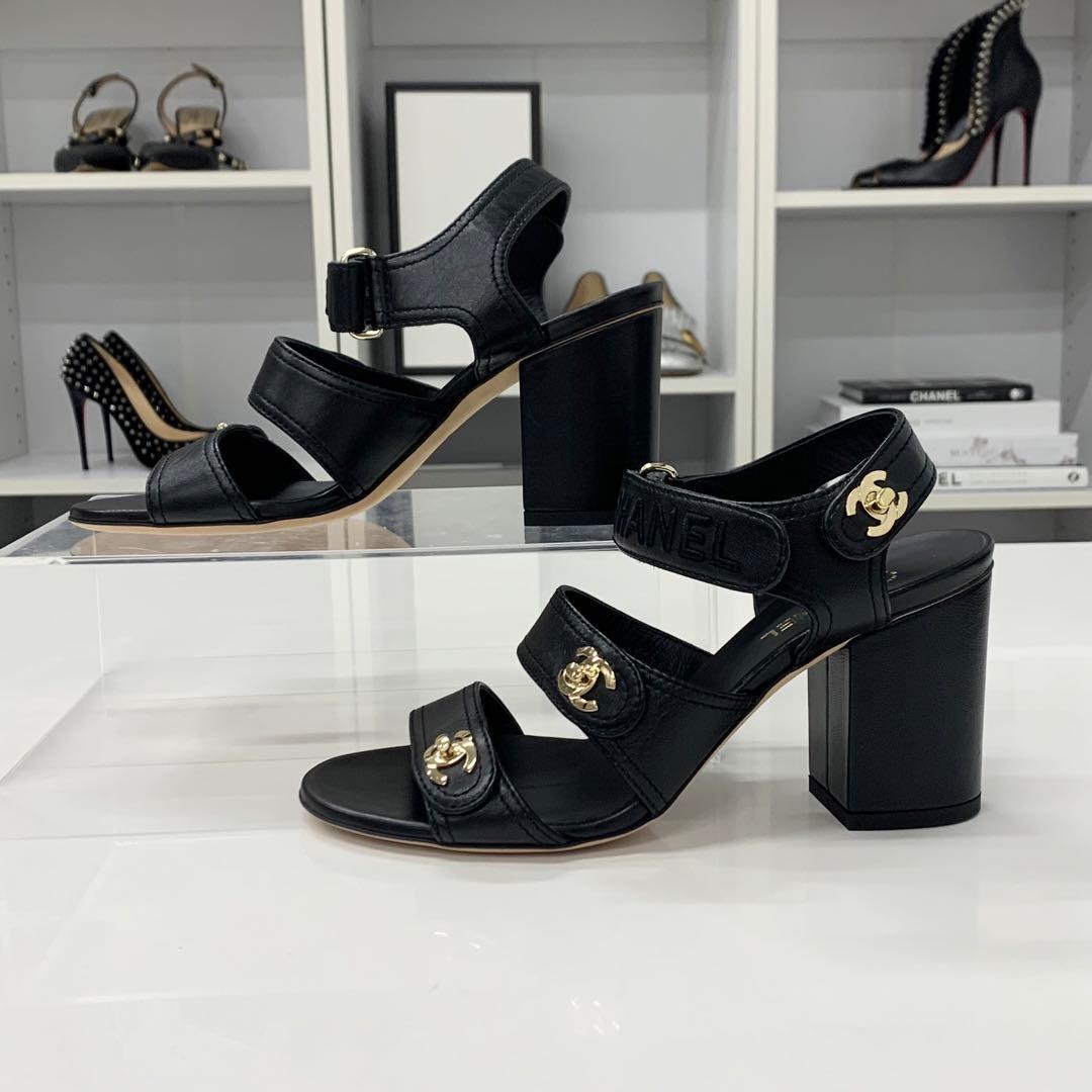 Chanel CC Logo Turnlock Velcro Strap Leather Sandals — view 2