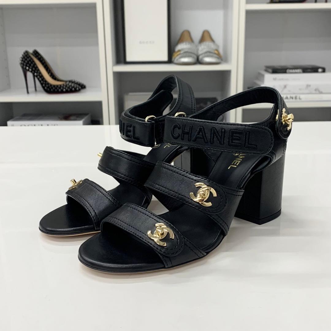 Chanel CC Logo Turnlock Velcro Strap Leather Sandals — view 3