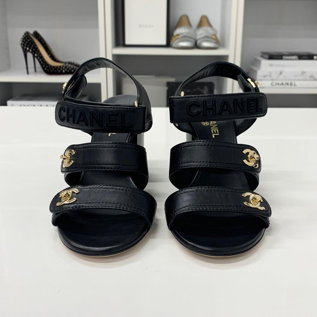Chanel CC Logo Turnlock Velcro Strap Leather Sandals — view 4