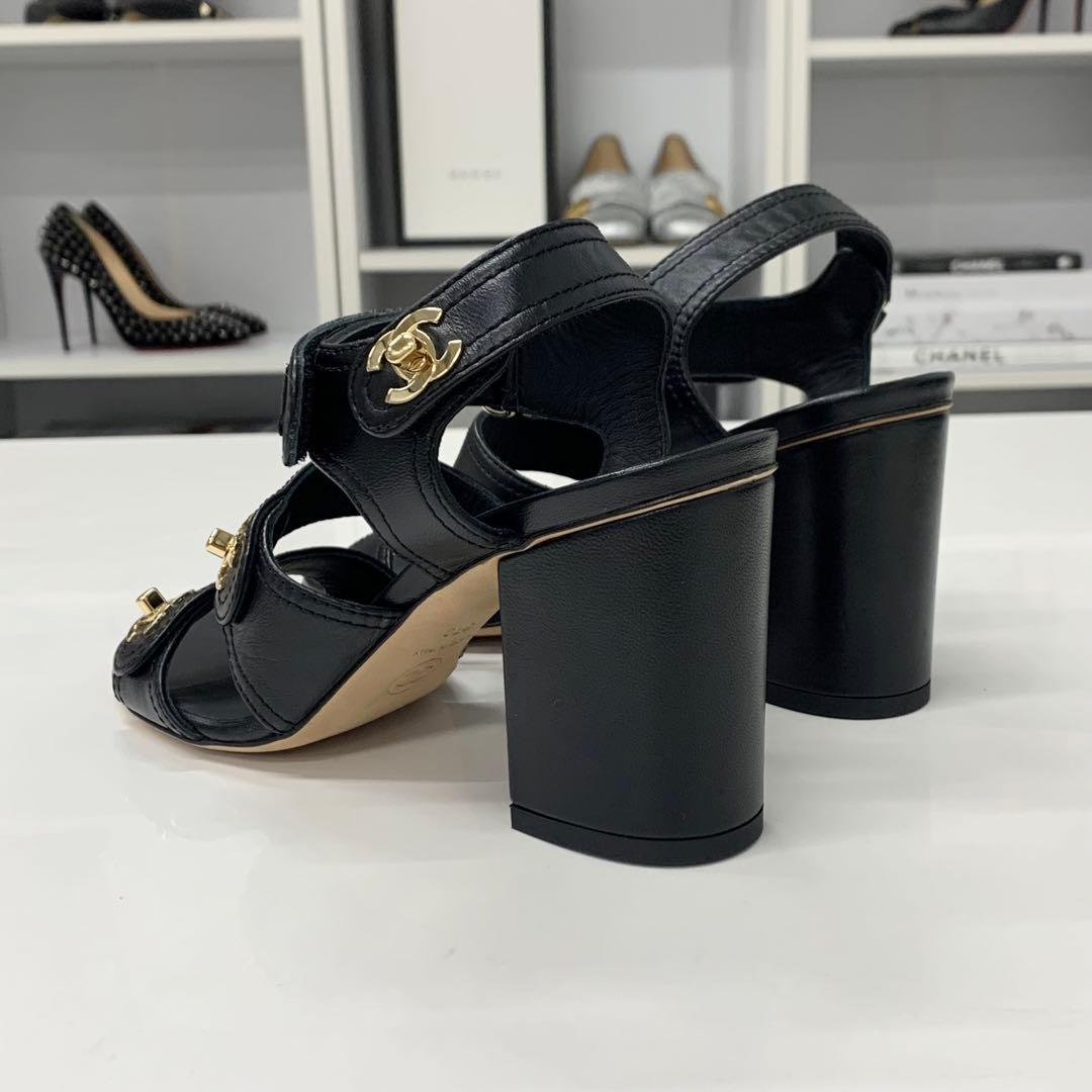 Chanel CC Logo Turnlock Velcro Strap Leather Sandals — view 5