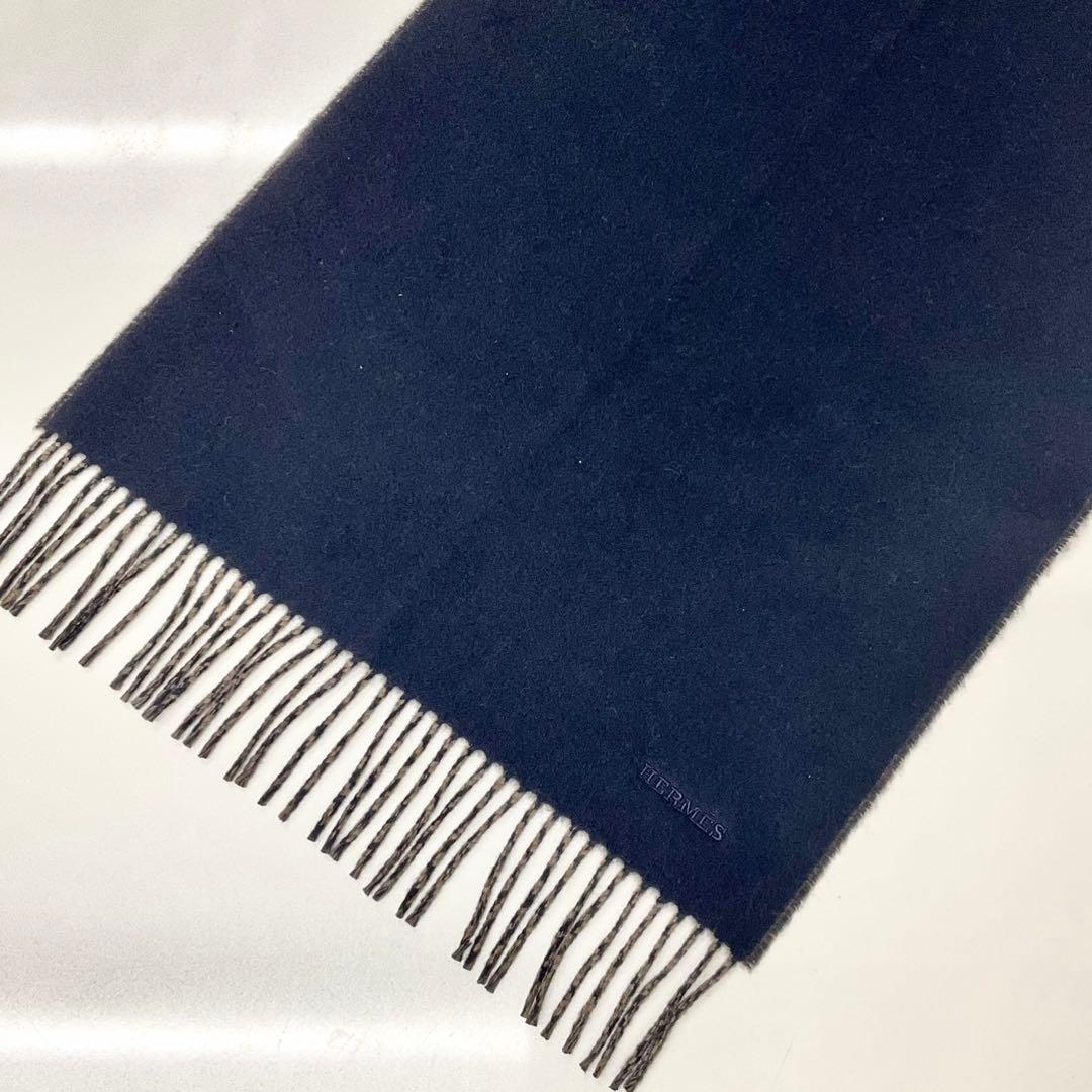 Hermes Logo Double Face Cashmere Scarf Shawl Navy Brown