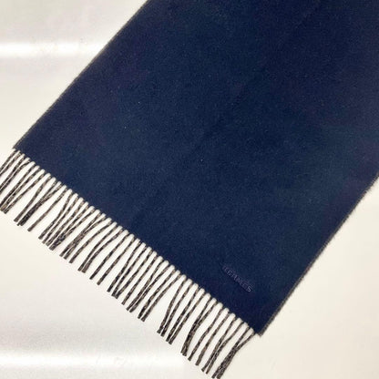 Hermes Logo Double Face Cashmere Scarf Shawl Navy Brown