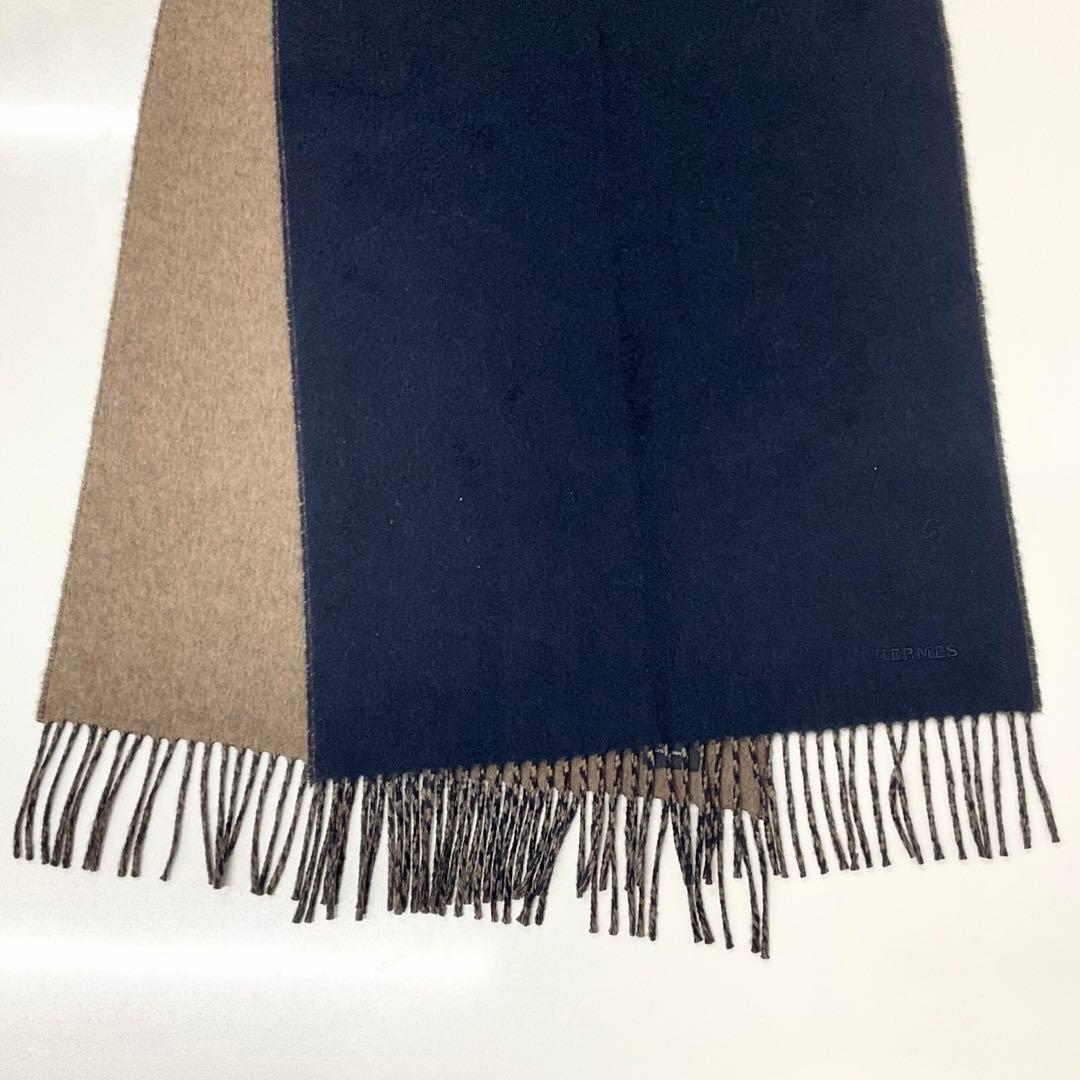 Hermes Logo Double Face Cashmere Scarf Shawl Navy Brown