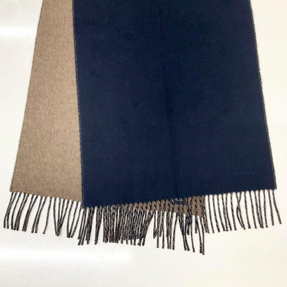 Hermes Logo Double Face Cashmere Scarf Shawl Navy Brown