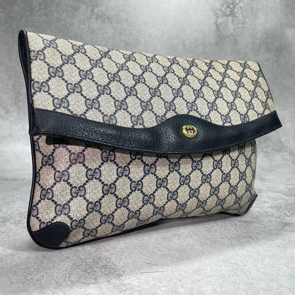 Gucci Clutch GG Navy Beige Leather Logo