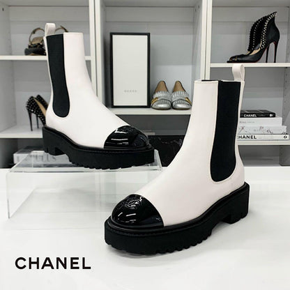 Chanel CC Logo Leather Patent Side Gore Short Boots White
