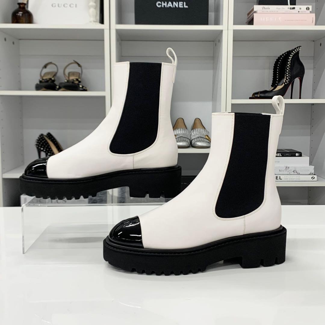 Chanel CC Logo Leather Patent Side Gore Short Boots White — view 2