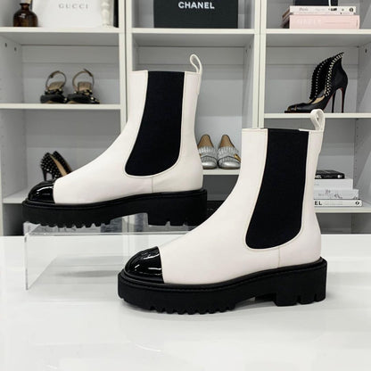 Chanel CC Logo Leather Patent Side Gore Short Boots White — view 2