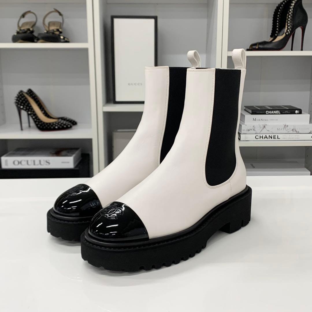 Chanel CC Logo Leather Patent Side Gore Short Boots White — view 3