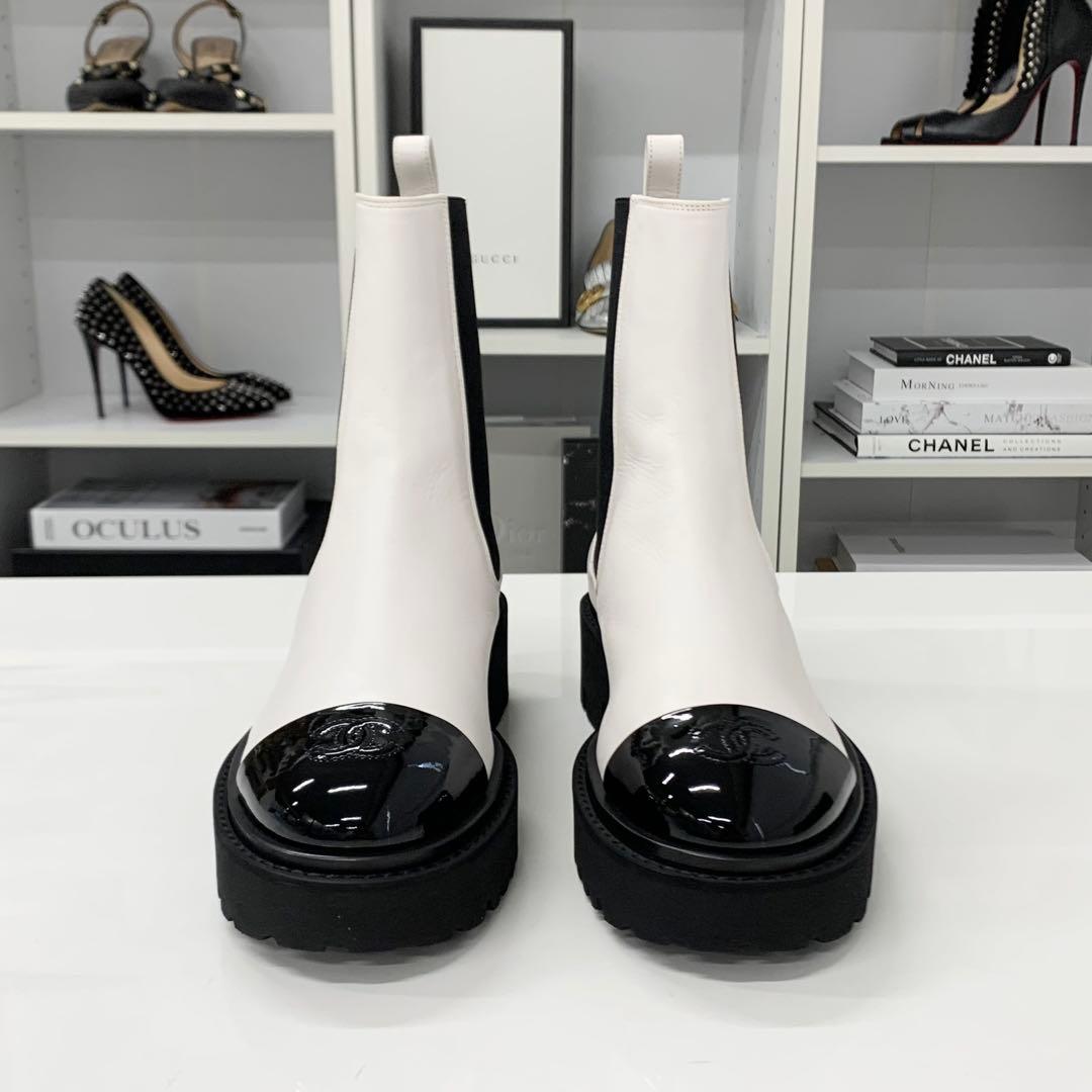 Chanel CC Logo Leather Patent Side Gore Short Boots White — view 4