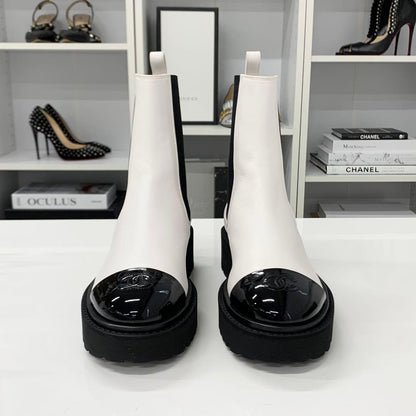 Chanel CC Logo Leather Patent Side Gore Short Boots White — view 4