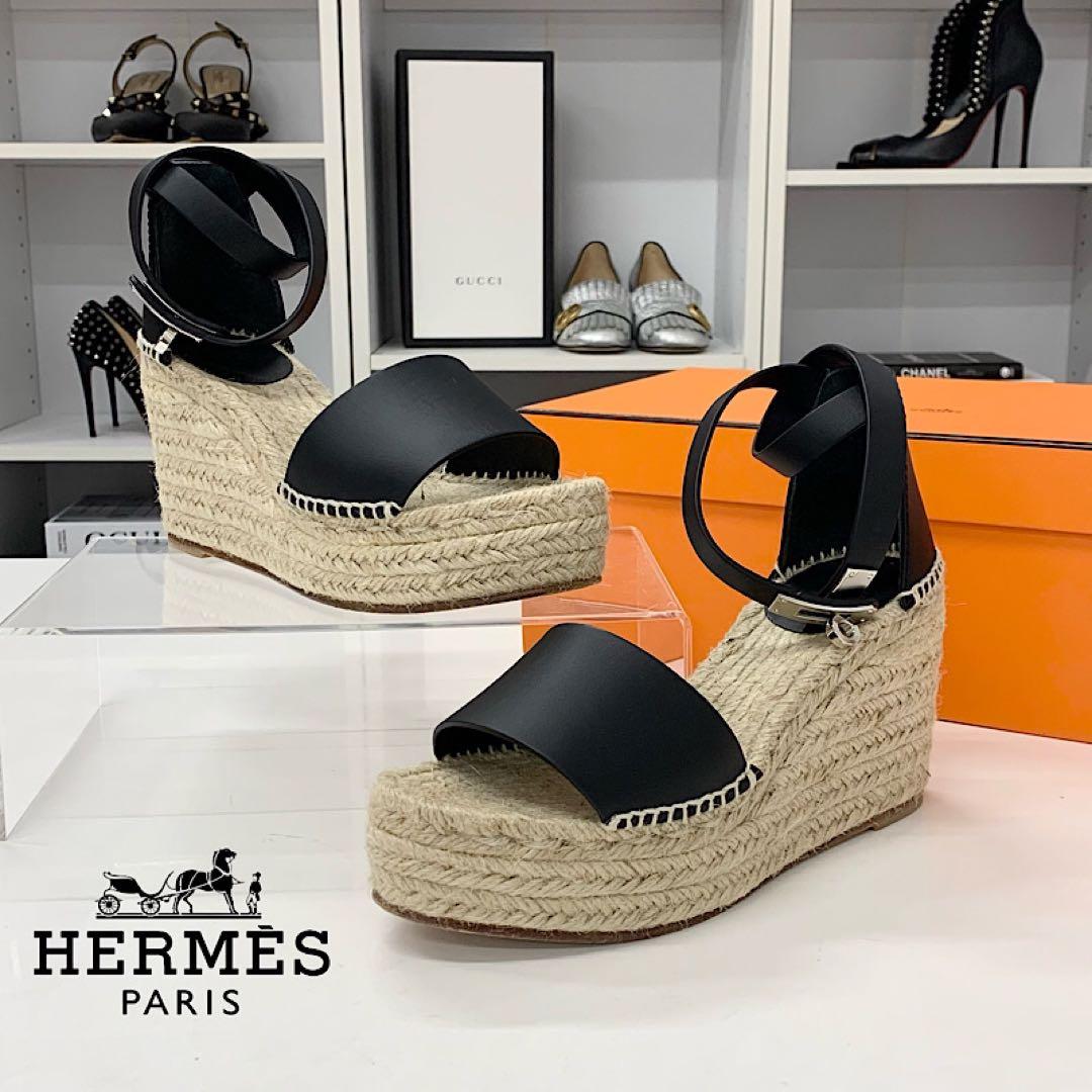 Hermes Tipoli Leather Kelly Wedge Sole Sandals Black
