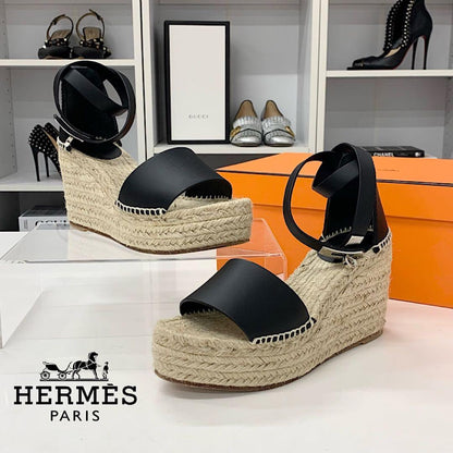 Hermes Tipoli Leather Kelly Wedge Sole Sandals Black