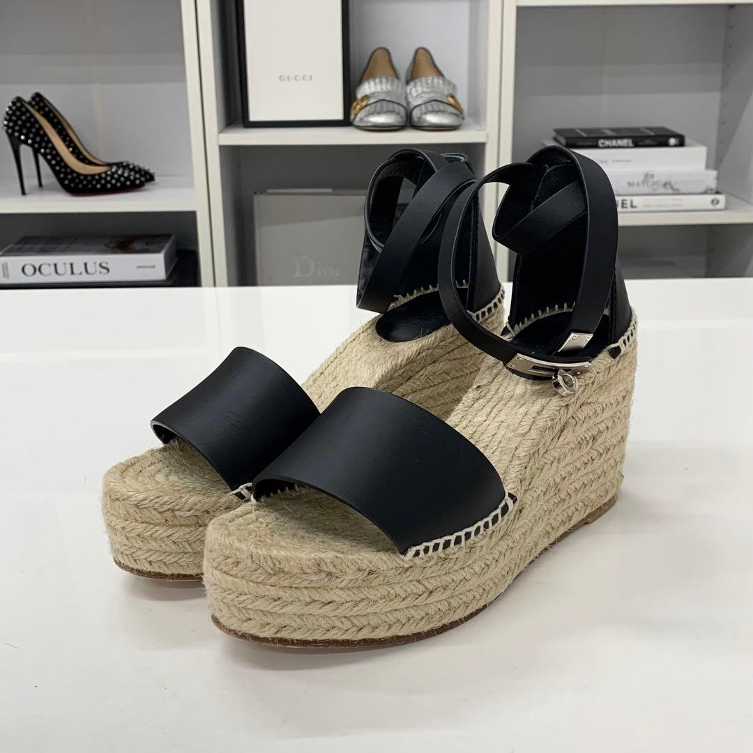 Hermes Tipoli Leather Kelly Wedge Sole Sandals Black — view 3