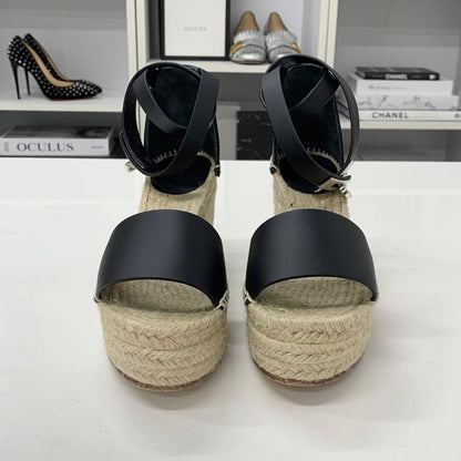 Hermes Tipoli Leather Kelly Wedge Sole Sandals Black — view 4