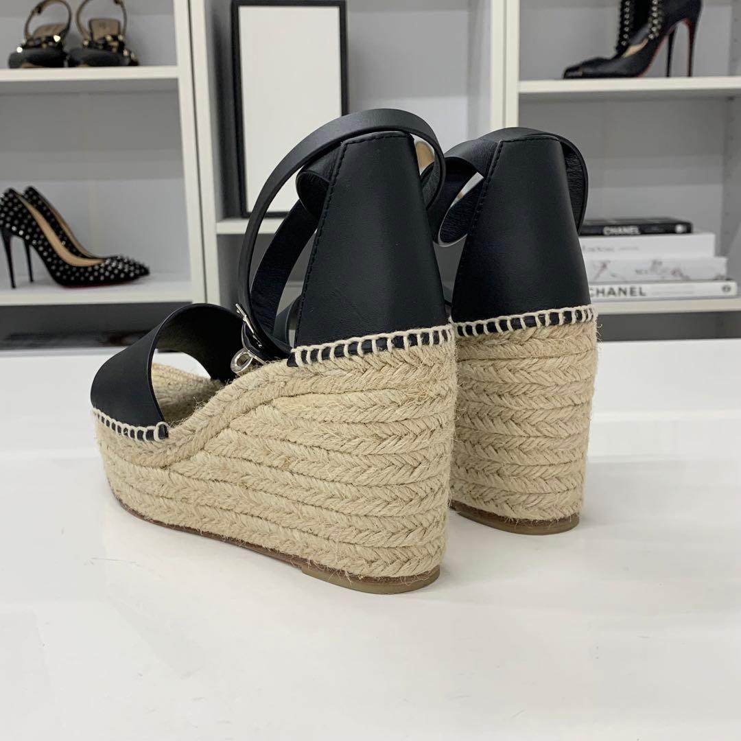 Hermes Tipoli Leather Kelly Wedge Sole Sandals Black — view 5