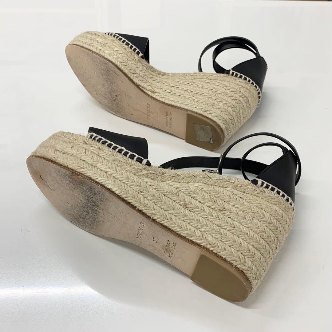 Hermes Tipoli Leather Kelly Wedge Sole Sandals Black — view 7