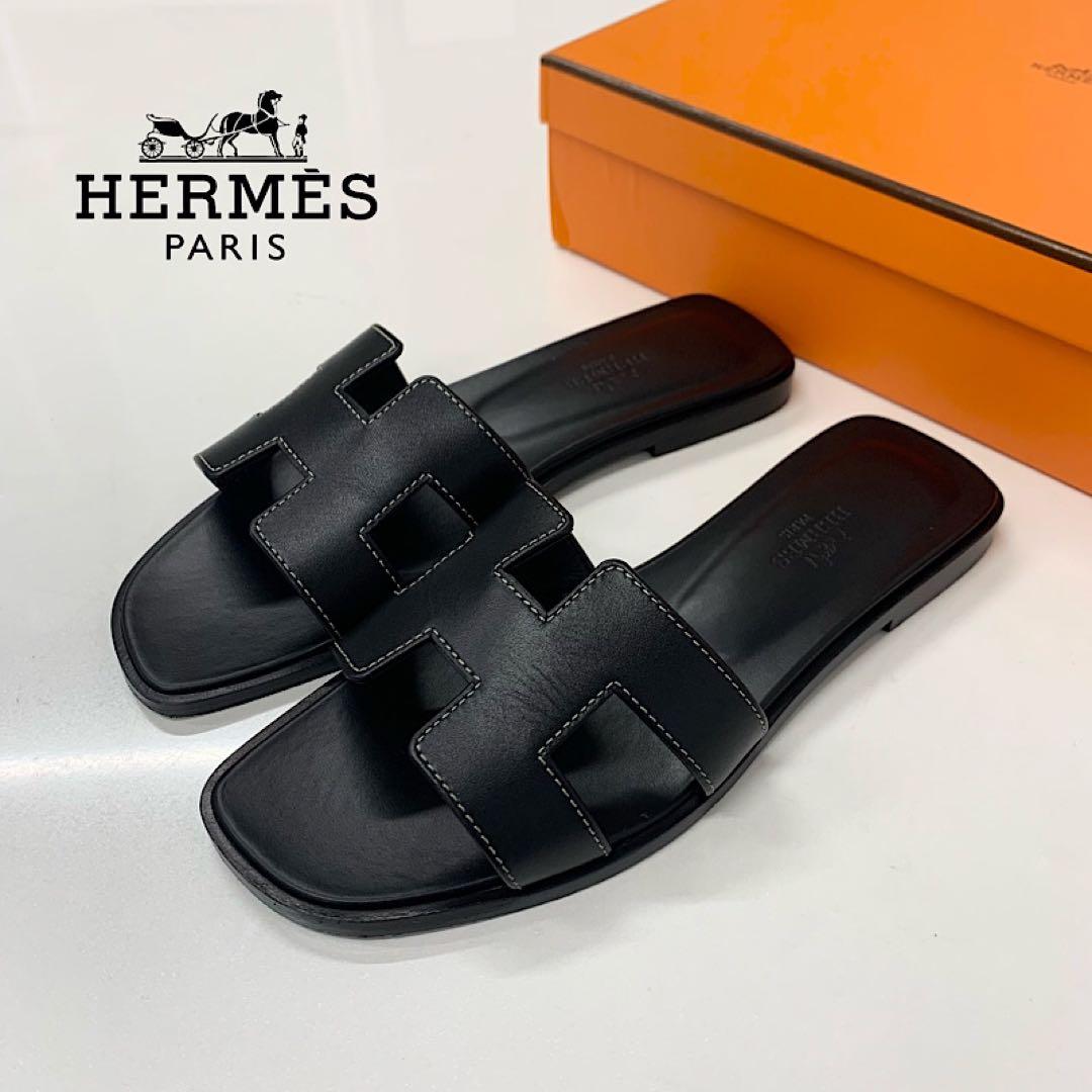Hermes Oran Leather Sandals Black