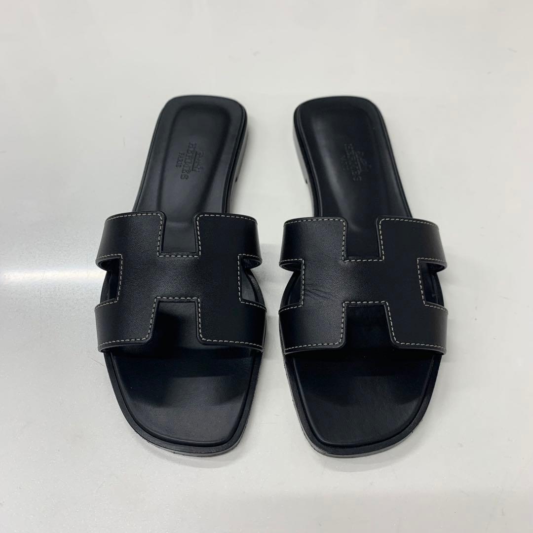 Hermes Oran Leather Sandals Black — view 2