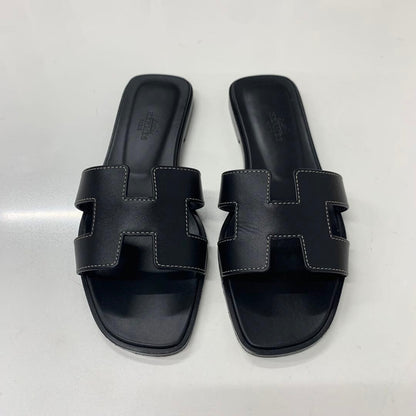 Hermes Oran Leather Sandals Black — view 2
