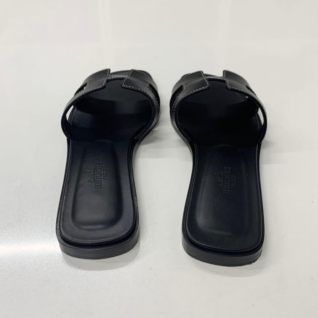 Hermes Oran Leather Sandals Black — view 5