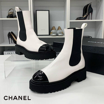 Chanel CC Logo Leather Patent Side Gore Short Boots White