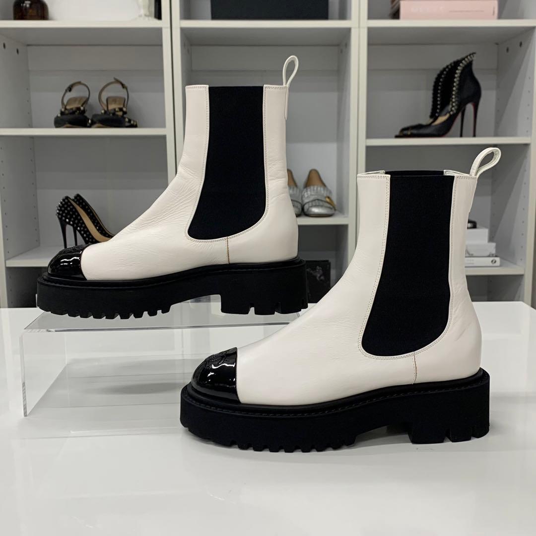 Chanel CC Logo Leather Patent Side Gore Short Boots White — view 2