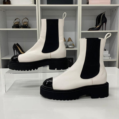 Chanel CC Logo Leather Patent Side Gore Short Boots White — view 2