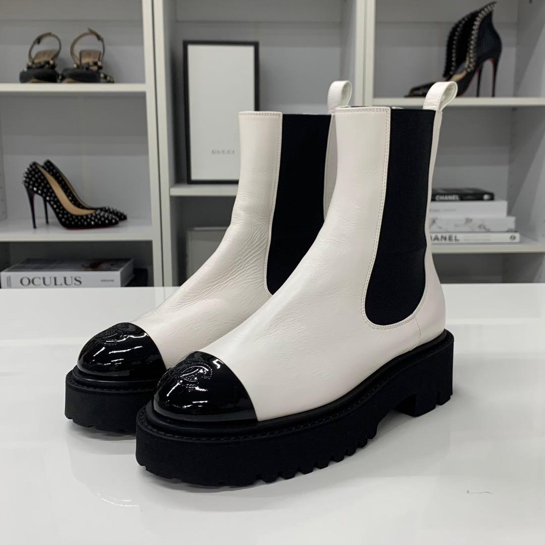Chanel CC Logo Leather Patent Side Gore Short Boots White — view 3